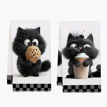 2 piezas Toallas de cocina con patrón minimalista y lindo de gato negro comiendo galletas, de material suave de poliéster, adecuadas para decoración de cocina, limpieza de cocina, decoración de fiesta festiva, artículos esenciales de cocina y baño, decoración del hogar, regalo de inauguración de casa - Multicolor - Ver 11