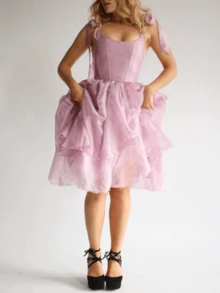Women Tulle Puffy Prom Dress Strap Ties Scoop Neck Mesh Ruffle Layering Midi Dress Fairy Birthday Dresses - Hồng - Xem 6