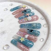 NailHaven 10Pcs Handmade Acrylic Press On Nails Square Aquarium Nails Dreamy Ocean Style - Nail Art Supplies With Raised Flower Pattern, Shell & Starfish Accents & Pink-Blue Ombre Tones, Includes Tool Kit - Suitable For Dates, Daily Wear & Birthday Parties,Includes A Tool Kit, Making It A Great Gift For Women And Girls. - 彩色 - 查看 3