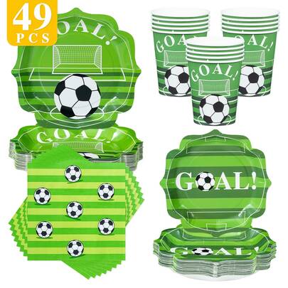 8pcs Green Floral Football Disposable Plate, Napkin And Cup Set, Includes Plates, Napkins And Cups, Suitable For 8 Guests, Disposable Paper Plates Party Supplies For Birthday, Wedding, Theme Party, Family Picnic