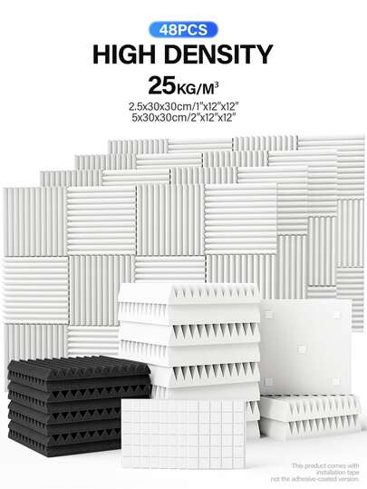 TMJD MISS 48 piezas - Paneles de insonorización de 12x12x1/2 pulgadas, adecuados para estudio de grabación, sala de música, espacio de juegos, reducción de ruido para podcast | Espuma acústica en cuña insonorizante | Paneles de espuma absorbente de sonido de alta densidad (con adhesivo doble faz)