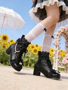 Cute Lolita Style Ankle Boots For Women Chunky Mid Heel Ankle Boots With Bow Back Zip Platform Lace Up Booties With Pearl Short Boots For Wedding Bridal Bridesmaid Dress Party