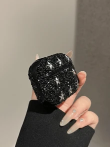 1个纯色全钻星形PC材质蓝牙耳机保护硬壳，兼容苹果1/2/3/4/Pro/Pro2，闪亮水钻奢华风格 - 黑色 - 查看 5