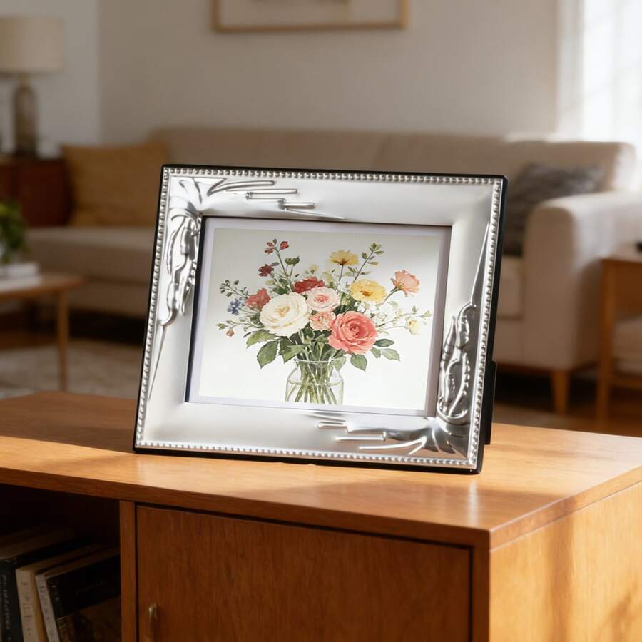 银色金属雕花相框 - 6/7/8 英寸多种尺寸可选，镜面装饰相框，适用于客厅和卧室的桌面展示相框