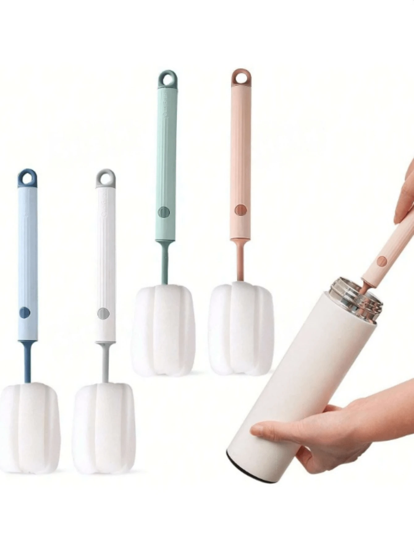 Perie de sticle cu burete 2 în 1, mâner lung, perie moale cu burete tip cană, cap de burete + mâner din PP. Cap de curățare detașabil și înlocuibil, instrument de curățare a sticlelor și cănilor, aparat de curățare a bucătăriei, dispozitiv portabil cu operare manuală. Adoptă tonuri de culoare moi și mâner texturat ergonomic, potrivit pentru uz casnic în bucătăria. Poate curăța cești, sticle de apă, căni, cești de cafea, pahare de vin etc., un articol esențial în bucătărie. - Multicolor - Vizualizare 1