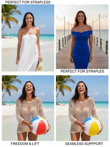 2件装可重复使用的无肩带聚拢文胸，配有无缝、隐形、自粘式乳贴。防滑无缝设计，适合各种场合。 - 杏色 - 查看 8