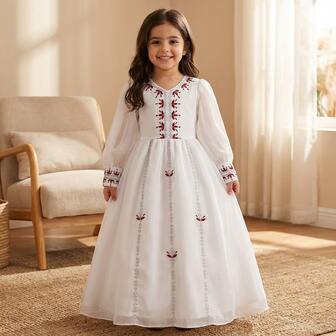 4Y-7Y Girls Elegant Middle Eastern Arabian Princess Style White Long Dress, V-Neck Lightweight Chiffon Long Sleeve, Flared Dress, Formal Gown For Wedding, Birthday Party, Holiday Performance, Photo Shoot, Spring/Summer/Autumn