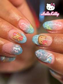 SANRIO 24片Y2K风格短椭圆3D法式尖头美甲贴纸，饰有花朵和波浪图案，粉色少女风，完美适配亚克力假指甲，包含1瓶胶水和1个指甲锉，适合女性日常及派对使用。 - 彩色 - 查看 8