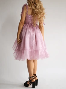 Women Tulle Puffy Prom Dress Strap Ties Scoop Neck Mesh Ruffle Layering Midi Dress Fairy Birthday Dresses - Hồng - Xem 9