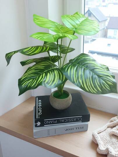 1pc Artificial Evergreen Turtle Leaf & Watermelon Leaf Bonsai, Home Decor, Photography Prop