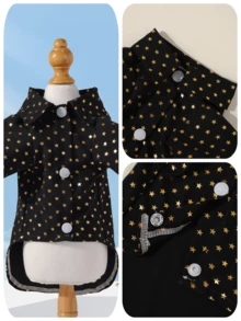 一件奢华时尚宠物狗服装，柔软舒适，金属箔印花，星形图案，短袖衬衫，适合幼犬和小型犬，春/夏/秋季穿着。 - 黑色 - 查看 7