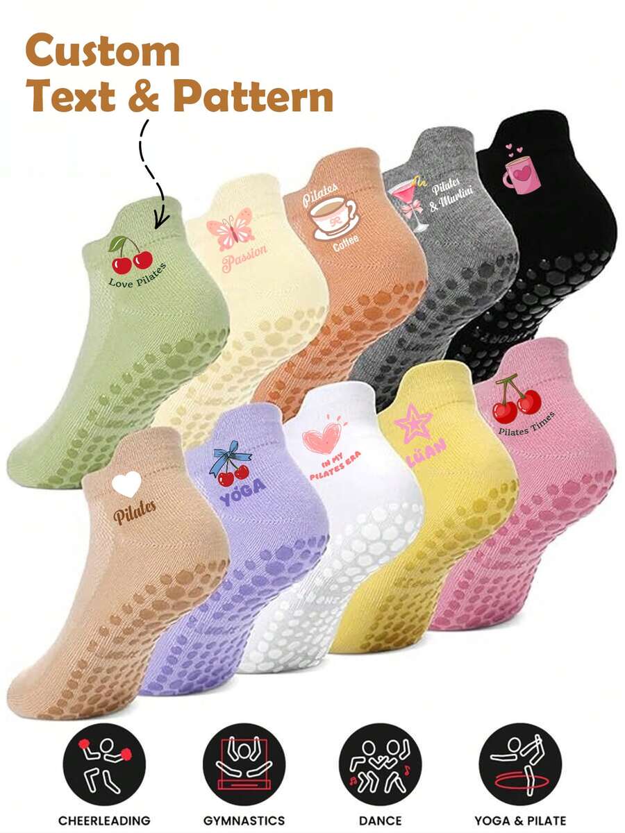 Women's Custom Multicolor Yoga Pilates Socks, Non-Slip Silicone Dance Sports Socks, Indoor Floor Fitness Socks, Soft Lightweight Breathable Short Ballet Socks, Cherry Pattern Non-Slip Elastic Sports Socks, Personalized Pilates Socks