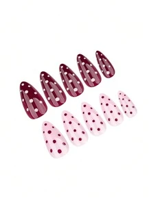 24pcs Medium Almond Shaped Nail Stickers, Available In Burgundy And Pink Colors With Patterns, Includes 1 Nail File And 1 Nail Glue Sticker. This Nail Sticker Set Is Suitable For Girls, Mothers And Women, Can Whiten Nails, And Has Removable False Nails, Suitable For Holidays, Parties, Dates And Daily Wear. - Multicolor - View 3