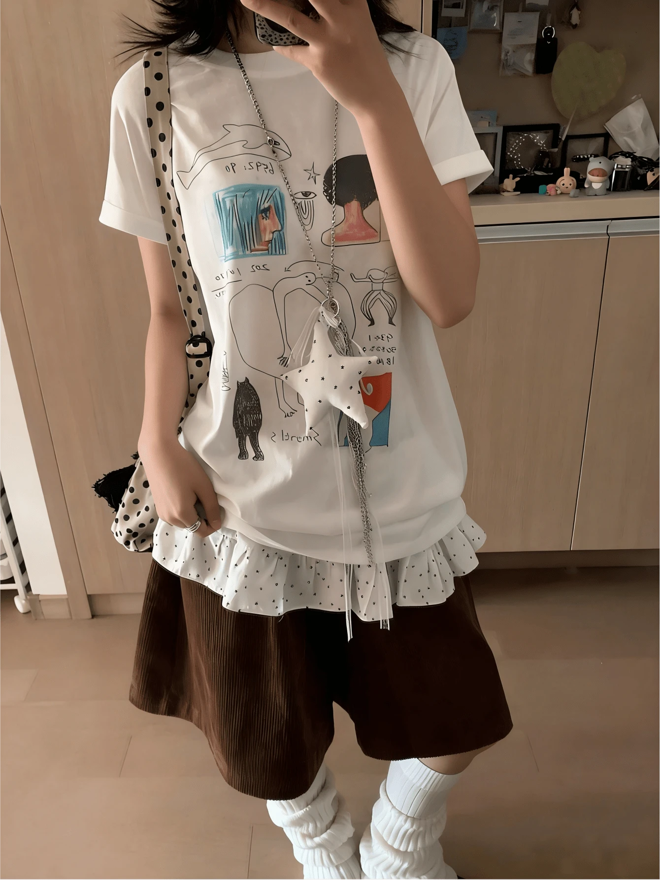 女士休闲宽松纯棉字母卡通印花短袖T恤上衣，夏季