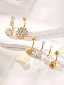 8pcs Assorted Belly Button Rings Set, Rhinestone Embedded Ball & Flower Shaped Navel Rings, Round CZ Navel Piercing Jewelry, Suitable For Women Daily Wear, Holiday & Beach Vacation Gifts