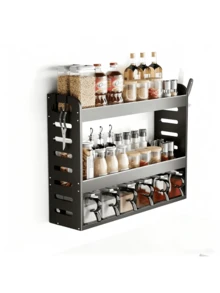 3-Tier Wall-Mounted Spice Rack, Punch-Free Space Aluminum Storage Rack, Space-Saving Kitchen Storage Rack, Suitable For Spices, Bottles And Cans, Sturdy Multi-Layer Design, Suitable For Kitchens And Restaurants - 黑色 - 查看 1