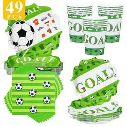1 Set Of Green Soccer Themed Disposable Plates, Napkins And Cups, Serves 8 Guests, Suitable For Birthday, Wedding, Party, Family Picnic