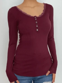 Women Y2K Henley Shirt Long Sleeve Crew Neck Solid Color Lace Trim Fitted Top Vintage Button Down Ribbed Knit Shirt Retro Fairy Grunge Aeathetic Blouse Spring Fall Streetwear Going Out Clothes - Màu Đỏ Sâu - Xem 4