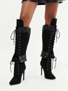 Y2K Style Luxury Fashion Women's Over Knee Boots Pointed Toe Lace Wide Calf Zip Stiletto Heel Shoes Motorcycle Dressy Party Boots - 黑色 - 查看 5