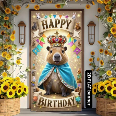 2D Door Banner, 1pc "Happy Birthday" Cute Capybara Background, Made Of Polyester, No Electricity Needed, Indoor & Outdoor Party Decoration, Suitable For Indoor & Outdoor Birthday