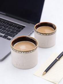 2 Pieces Set 120ml/250ml Handmade Rustic Ceramic Coffee Mug With Kiln-Change Glaze, Desert Camel & Palm Tree Design - Reusable, Hand Wash Only, Perfect For Family Gatherings, Special Occasions & Desert-Themed Gifts, Christmas Gift Idea - Multicolor - View 2