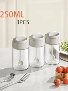 3个带一体式勺盖的密封玻璃调料罐 - 气密塑料调味罐，透明盖，适合家庭厨房，非常适合存放香草和香料 - 彩色 - 查看 6