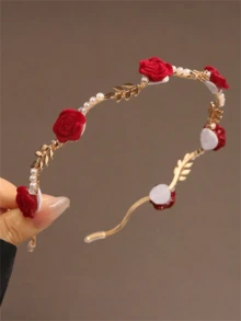 1pc Women's Fashion Elegant Red Rose Flower Hair Clip, Faux Pearl & Leaf Headband, Suitable For Daily Wear And New Year Outfit ,Hair Band,Hair Hoop Head Accessories - Red - View 7