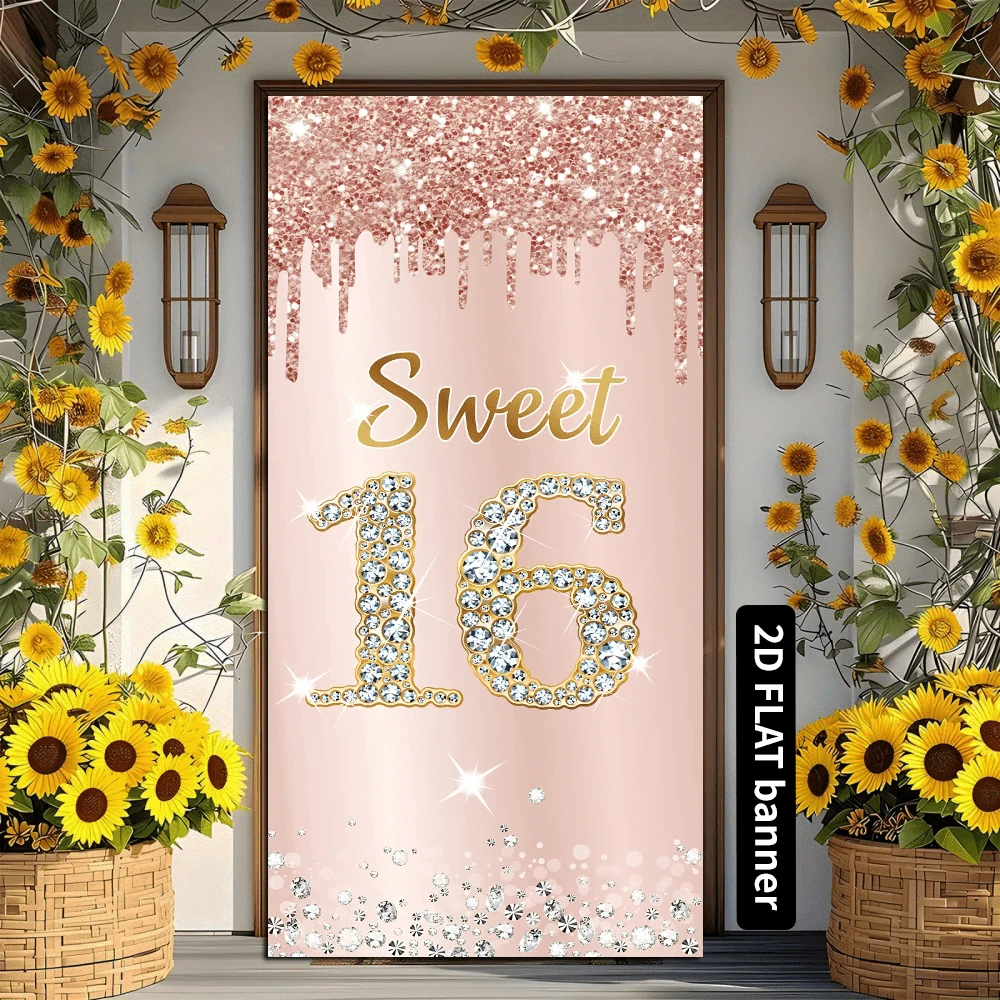 [Banner phẳng 2D] 1 banner trang trí cửa sinh nhật lần thứ 16, màu hồng vàng hồng, dùng trang trí cửa tiệc sinh nhật 16 tuổi. - Nhiều màu - Xem 1