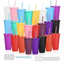 KAFUFU 25 Pack Plastic Tumblers With Lids And Straw, Reusable Cups With Lids And Straws Colorful Cups For Cold Drink Iced Coffee, Plastic Tumbler Bulk For Party Birthday Gifts (24 Oz, Stylish Colors) - 25pc 天藍色 - 查看 2