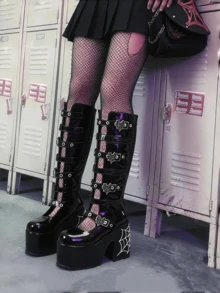 Y2k Style Women's Knee High Boot Solid Color  Buckle Round Toe Punk Motorcycle Nightclub Cosplay Shoes - Black - View 3