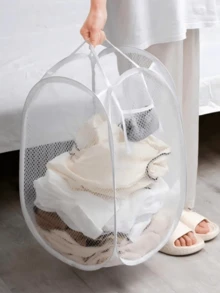 سلة غسيل مصنوعة من شبكة بمقبض - مثالية للسكن الجامعي والسفر والحمام - مصنوعة من البوليستر، قابلة للطي، لتخزين الملابس القذرة (لون عشوائي) - متعدد الألوان - مشاهدة 3