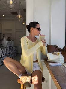 Damen eleganter Lässig Strickjacke, einfarbiges Design mit Rundhalsausschnitt und Langarm, Knopfverschluss, moderner minimalistischer Pendler-Stil mit feinem dünnem Strick, lässig weite Passform, Damen Streetwear - Gelb - Übersicht 1