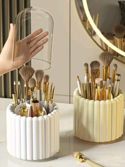 360 Degree Rotating Makeup Brush Holder - Polished Plastic Storage Box With Transparent Compartments, Can Store Cosmetics, Pens, Etc. - No Power Needed, Ideal For Vanity, Home, Bathroom Decor, Bathroom Accessories