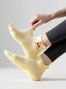 Women's Custom Multicolor Yoga Pilates Socks, Non-Slip Silicone Dance Sports Socks, Indoor Floor Fitness Socks, Soft Lightweight Breathable Short Ballet Socks, Cherry Pattern Non-Slip Elastic Sports Socks, Personalized Pilates Socks - Multicolor - View 4