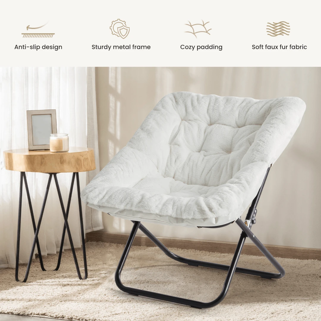 Saucer Chair For Adults, Teens, Faux Fur XL Circle Chair For Bedroom, Dorm & Gaming, Foldable Comfy Accent Seat For Small Spaces, Oversized Style Thick Padded Meatal Frame - 白色 - 查看 1
