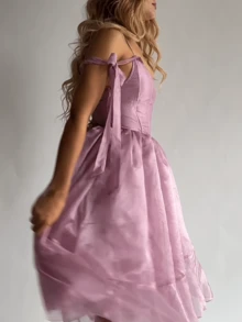 Women Tulle Puffy Prom Dress Strap Ties Scoop Neck Mesh Ruffle Layering Midi Dress Fairy Birthday Dresses - Hồng - Xem 8