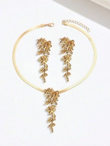 2件套 新款秋冬花卉设计 优雅时尚 百搭休闲及派对服装 - 金黃色 - 查看 1