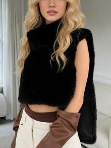 时尚女士高领无袖毛绒人造皮草短款外套，保暖内衬 - 黑色 - 查看 8