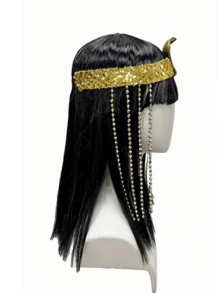 埃及艳后克利奥帕特拉角色扮演假发，12英寸女士直发黑色合成假发，带刘海，耐热搭扣网帽，名人主题万圣节服装假发 - 黑色 - 查看 6