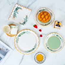 Green Leaf Trim Minimalist Disposable Plate, Napkin, Cup Set, Serves 8 Guests, Suitable For Birthday, Wedding, Theme Party, Family Picnic - Multicolor - View 4