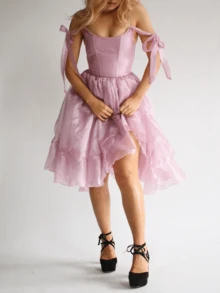 Women Tulle Puffy Prom Dress Strap Ties Scoop Neck Mesh Ruffle Layering Midi Dress Fairy Birthday Dresses - Hồng - Xem 2