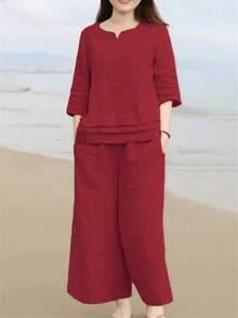女士纯色V领中袖修身亚麻上衣和长裤两件套，适合春、夏、秋、冬休闲穿着 - 紅色 - 查看 3