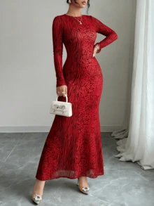 Women's Red Ribbed Knit Maxi Dress: Long-Sleeve Mermaid Gown For Elegant Evening & Formal Occasions - 紅色 - 查看 3