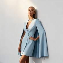 Women's Elegant Solid Color V Neck Double-Breasted Cape Blazer Dress Spring & Summer Party Banquet Outfit - 藍色 - 查看 4