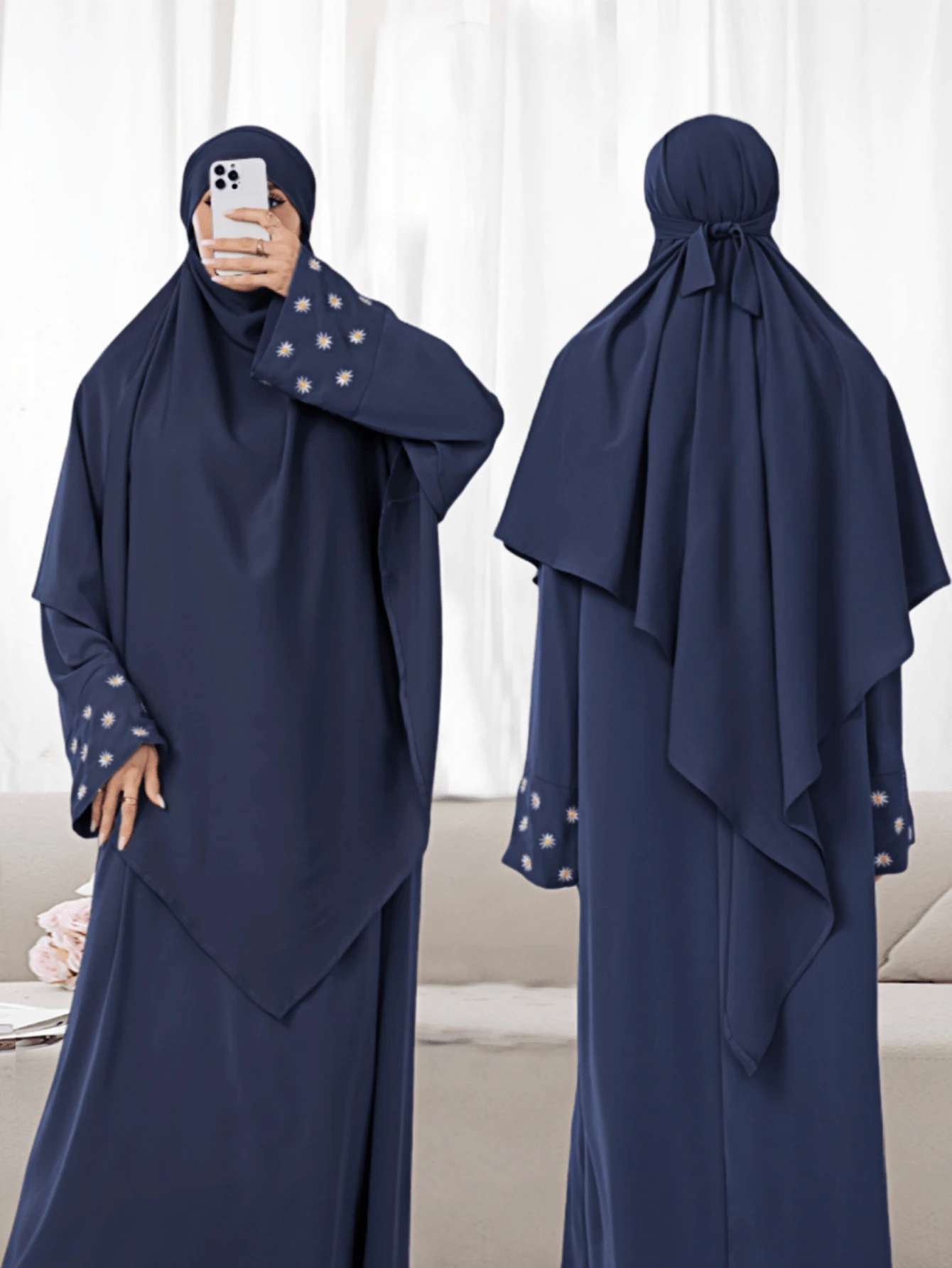 2pcs Set: Khimar Hijab Prayer Headscarf + Abaya With Embroidered Cuffs, Loose & Comfortable Muslim Clothing For Women, Suitable For Daily Wear And Prayer, All Season - 彩色 - 查看 1