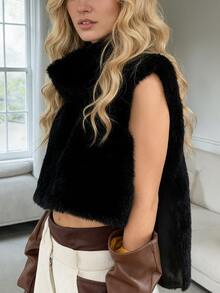 时尚女士高领无袖毛绒人造皮草短款外套，保暖内衬 - 黑色 - 查看 6