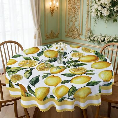 1pc/36pcs Lemon & Floral Pattern Wrinkle-Resistant Tablecloth, Embossed Edge, Rectangular/Round, Multiple Sizes, Polyester Fabric, Indoor Dining/Outdoor Party