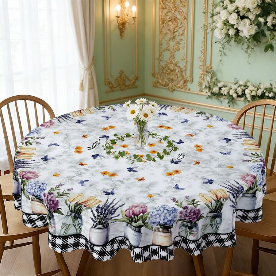 1pc/36pcs Lemon & Floral Pattern Wrinkle-Resistant Tablecloth, Embossed Edge, Rectangular/Round, Multiple Sizes, Polyester Fabric, Indoor Dining/Outdoor Party