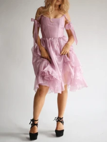 Women Tulle Puffy Prom Dress Strap Ties Scoop Neck Mesh Ruffle Layering Midi Dress Fairy Birthday Dresses - Hồng - Xem 4
