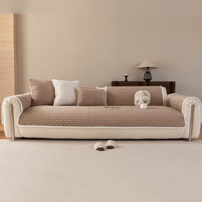 Veet 1件装可水洗防滑L型沙发套，适用于三人沙发，绗缝设计，磁扣闭合，宠物友好型保护 - 灰色天鹅绒沙发套